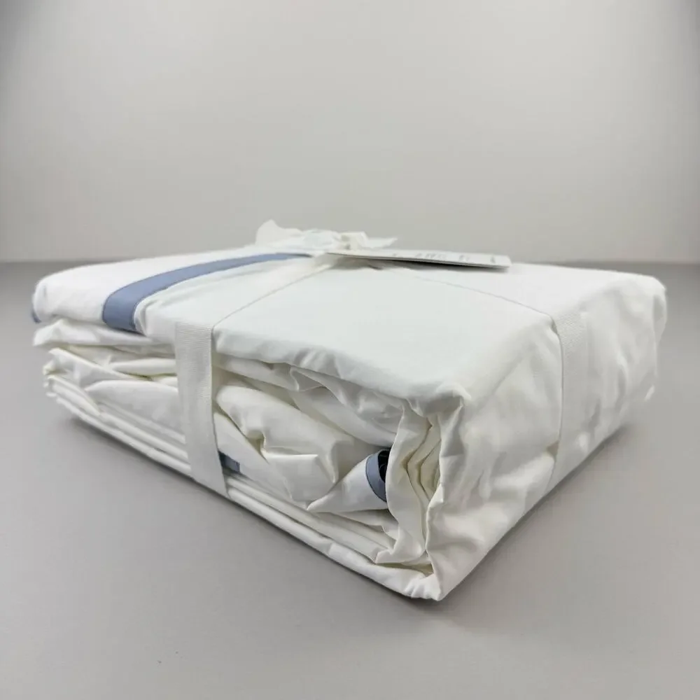 Pottery Barn Morgan Sheet Set QUEEN Organic Percale 400TC White Blue FLAW